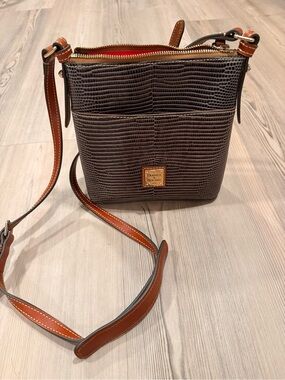 Dooney & Bourke Brown Textured Leather Crossbody with Tan Strap and Red Interior